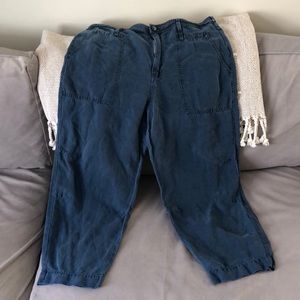 Anthropologie blue cropped linen cargo pants